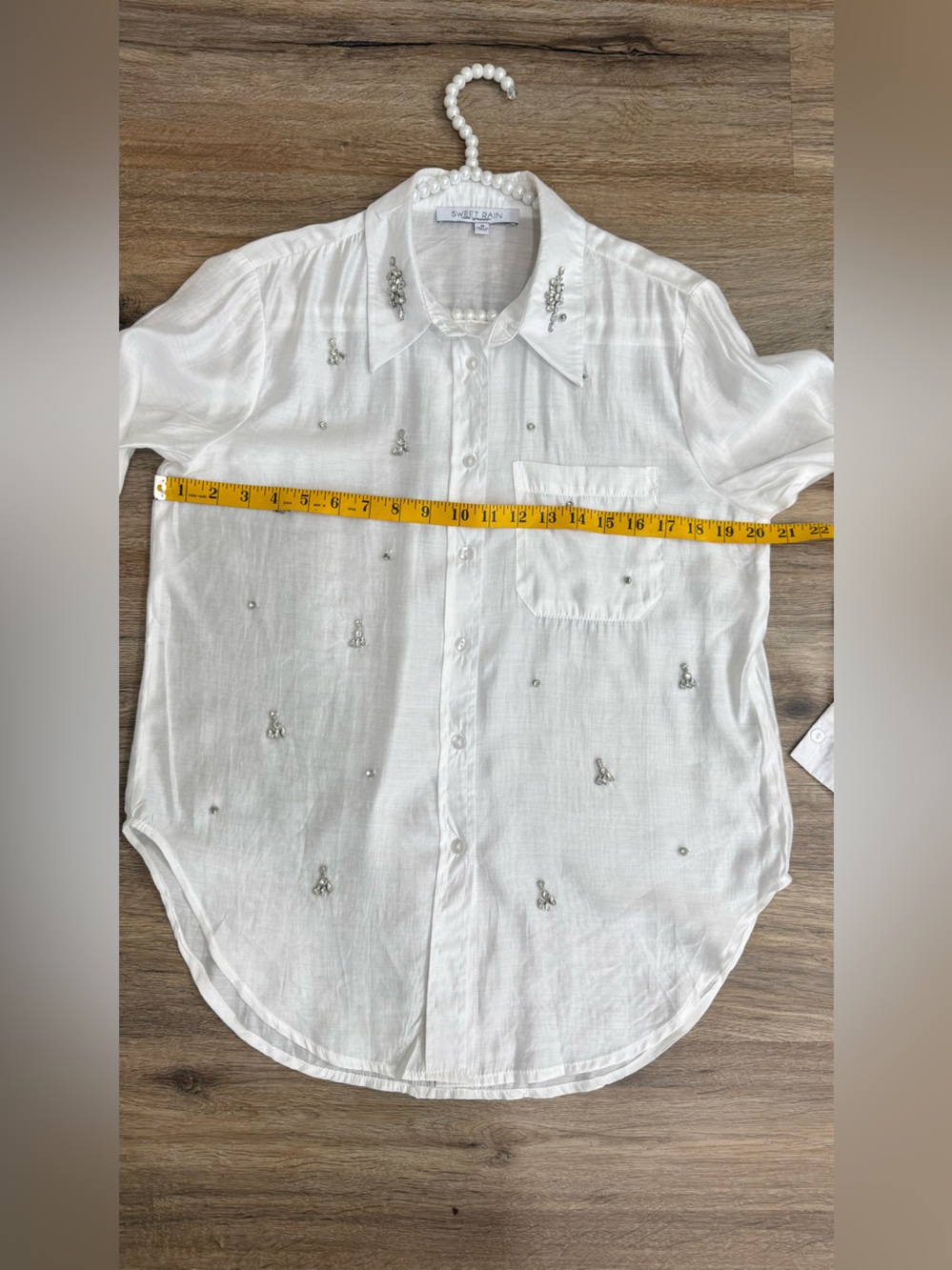 Sweet Rain Rhinestone Embellished White Button Down Shirt M Jeweled Blouse - Picture 7 of 8